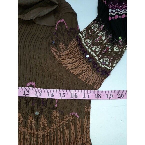 Avenue French Crinkle Pleated Button Blouse 14/16 Brown Sequins pink floral - Picture 7 of 11